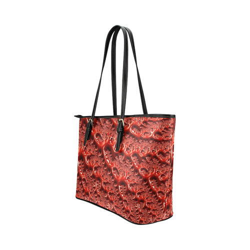 Cool Red Fractal White Lights Leather Tote Bag/Large (Model 1651)