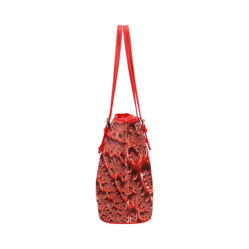 Cool Red Fractal White Lights Leather Tote Bag/Large (Model 1651)