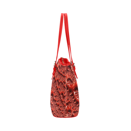 Cool Red Fractal White Lights Leather Tote Bag/Large (Model 1651)