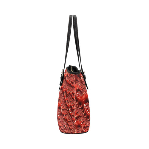 Cool Red Fractal White Lights Leather Tote Bag/Small (Model 1651)