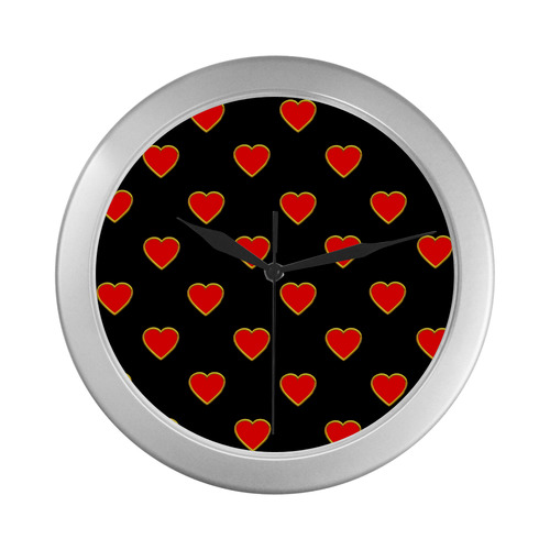 Red Valentine Love Hearts on Black Silver Color Wall Clock