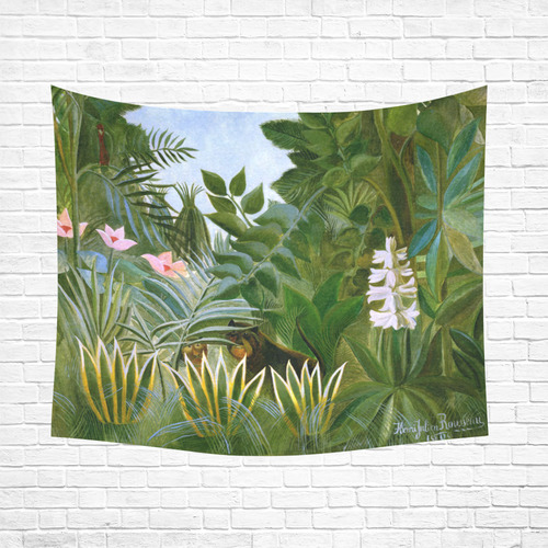 Henri Rousseau Tropical Jungle Flowers Animals Cotton Linen Wall Tapestry 60"x 51"