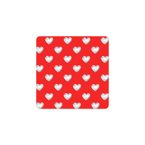 Silver 3-D Look Valentine Love Hearts on Red Square Coaster