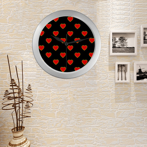 Red Valentine Love Hearts on Black Silver Color Wall Clock