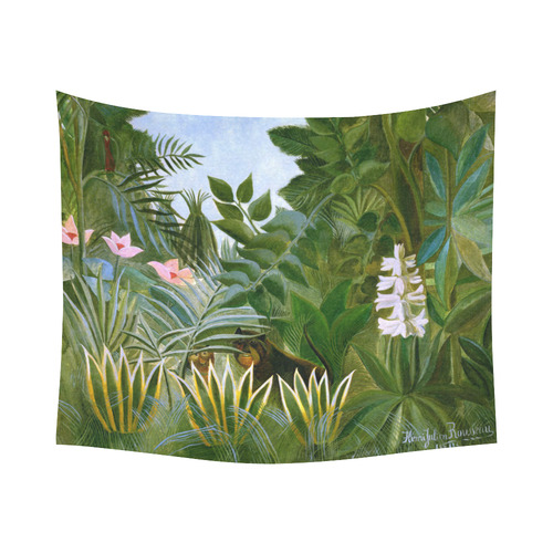 Henri Rousseau Tropical Jungle Flowers Animals Cotton Linen Wall Tapestry 60"x 51"