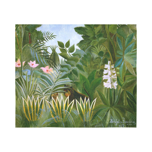 Henri Rousseau Tropical Jungle Flowers Animals Cotton Linen Wall Tapestry 60"x 51"