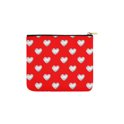 Silver 3-D Look Valentine Love Hearts on Red Carry-All Pouch 6''x5''