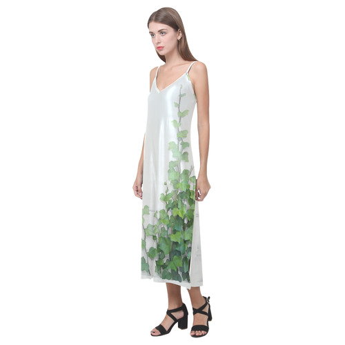 Watercolor Vines, climbing plant V-Neck Open Fork Long Dress(Model D18)