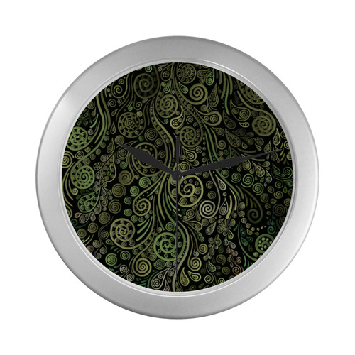 3D Ornaments -Fantasy Tree, green on black Silver Color Wall Clock