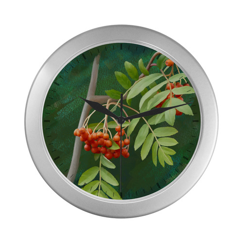 Watercolor Rowan tree - Sorbus aucuparia Silver Color Wall Clock