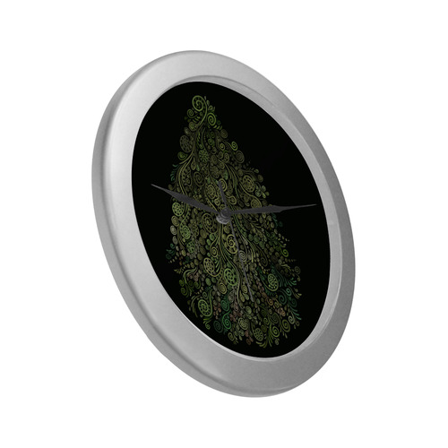 3D Ornaments -Fantasy Tree, green on black Silver Color Wall Clock