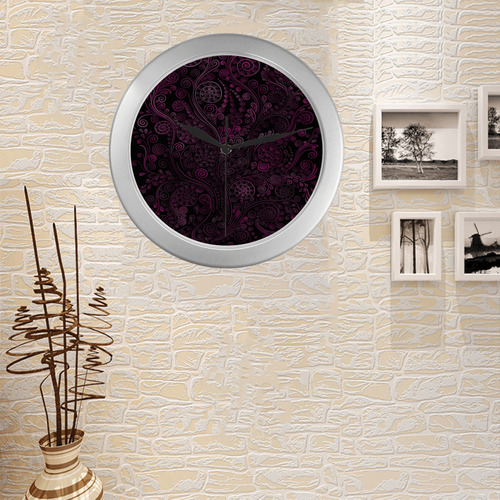 3D psychedelic ornaments, magenta Silver Color Wall Clock