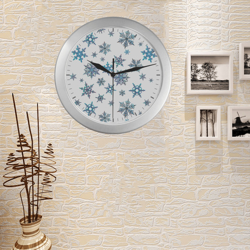 Snowflakes, Blue snow, stitched design Silver Color Wall Clock