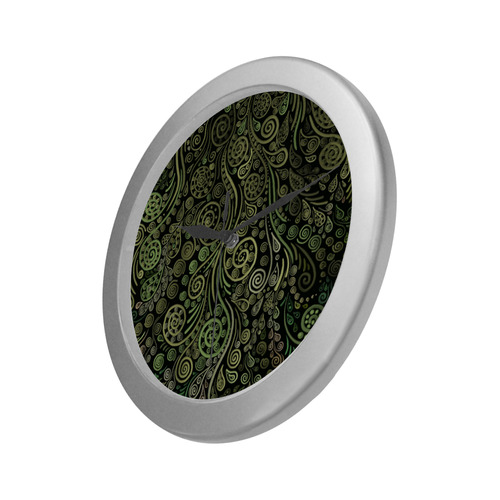 3D Ornaments -Fantasy Tree, green on black Silver Color Wall Clock