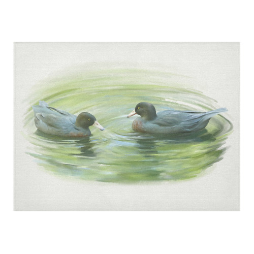 Blue Ducks in Pond, watercolors Cotton Linen Tablecloth 52"x 70"