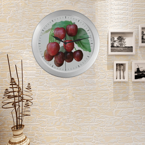 Sour Cherries, watercolor Silver Color Wall Clock