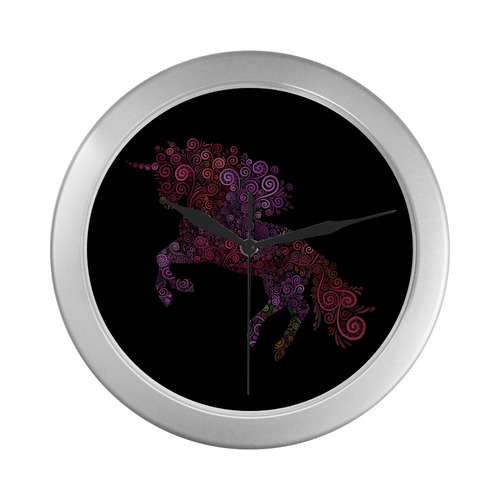 3d Floral Psychedelic Unicorn Silver Color Wall Clock