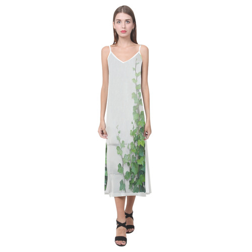 Watercolor Vines, climbing plant V-Neck Open Fork Long Dress(Model D18)