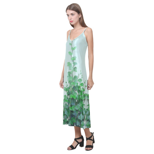 Watercolor Ivy - Vines V-Neck Open Fork Long Dress(Model D18)