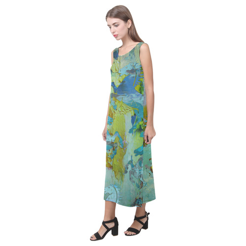 Rearing Horses grunge style painting Phaedra Sleeveless Open Fork Long Dress (Model D08)