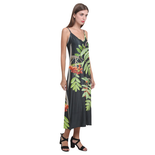 Rowan tree watercolor V-Neck Open Fork Long Dress(Model D18)