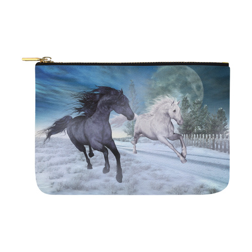 Two horses galloping through a winter landscape Carry-All Pouch 12.5''x8.5''