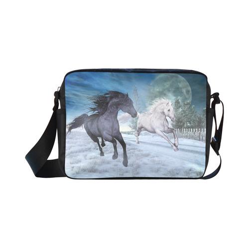 Two horses galloping through a winter landscape Classic Cross-body Nylon Bags (Model 1632)