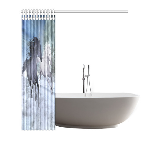 Two horses galloping through a winter landscape Shower Curtain 66"x72"