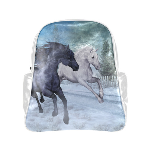 Two horses galloping through a winter landscape Multi-Pockets Backpack (Model 1636)