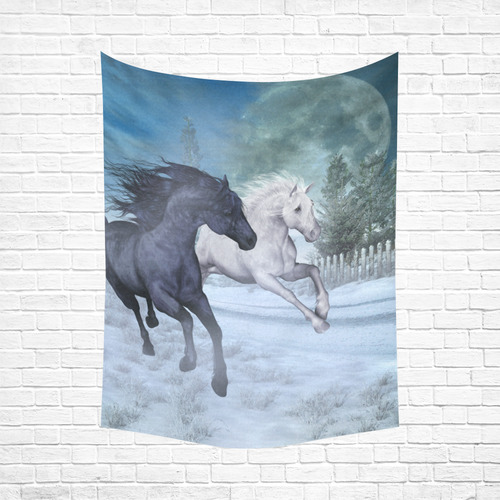 Two horses galloping through a winter landscape Cotton Linen Wall Tapestry 60"x 80"