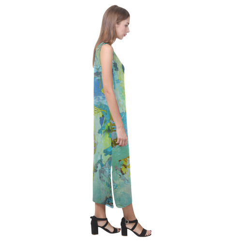 Rearing Horses grunge style painting Phaedra Sleeveless Open Fork Long Dress (Model D08)