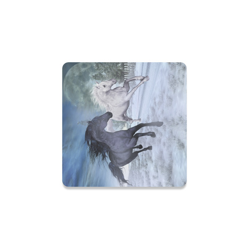 Two horses galloping through a winter landscape Square Coaster
