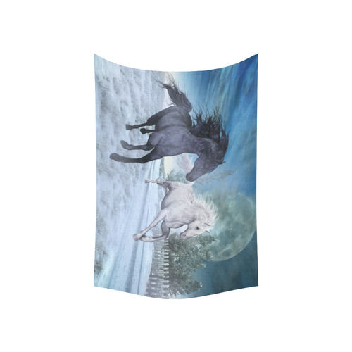 Two horses galloping through a winter landscape Cotton Linen Wall Tapestry 60"x 40"