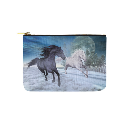 Two horses galloping through a winter landscape Carry-All Pouch 9.5''x6''