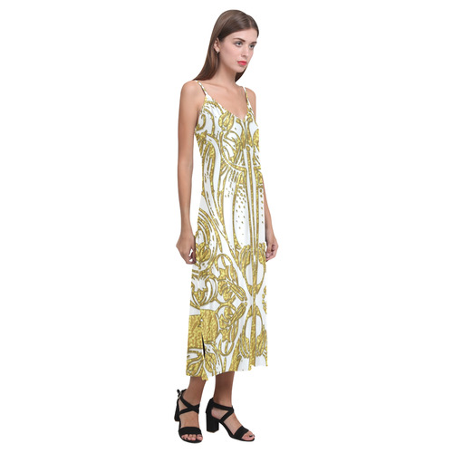 Lace Gold V-Neck Open Fork Long Dress(Model D18)