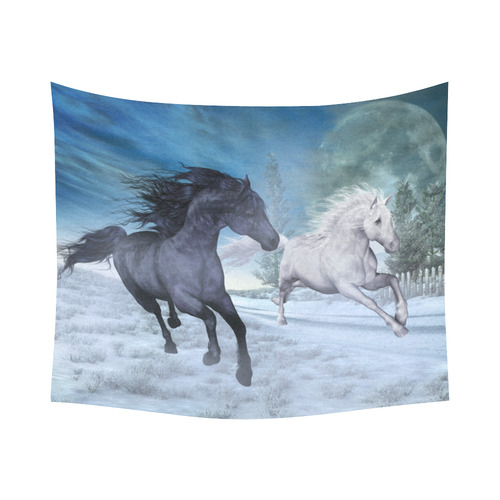 Two horses galloping through a winter landscape Cotton Linen Wall Tapestry 60"x 51"