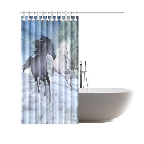 Two horses galloping through a winter landscape Shower Curtain 69"x70"
