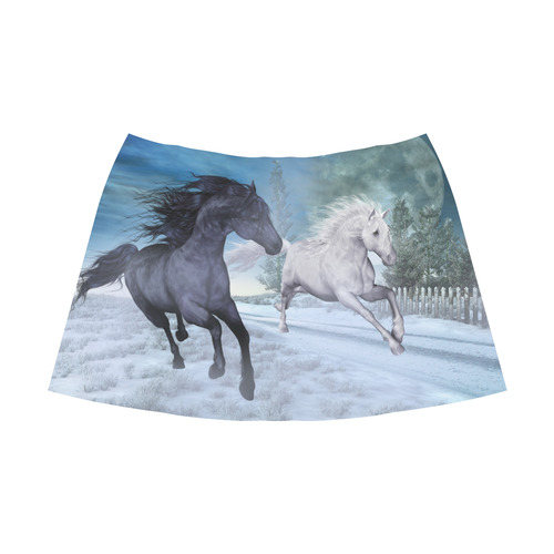 Two horses galloping through a winter landscape Mnemosyne Women's Crepe Skirt (Model D16)
