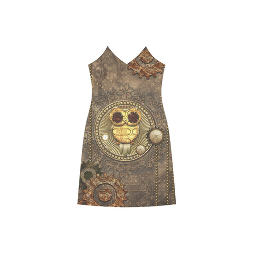Steampunk, wonderful owl,clocks and gears V-Neck Open Fork Long Dress(Model D18)