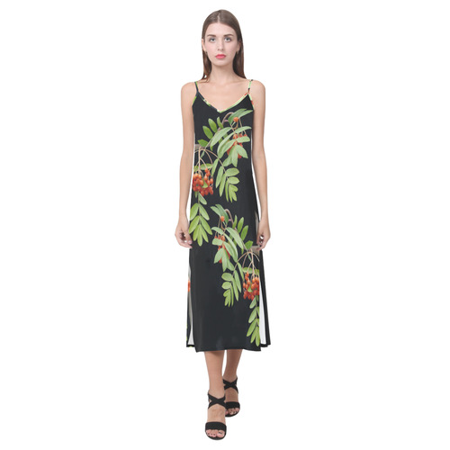 Rowan tree watercolor V-Neck Open Fork Long Dress(Model D18)