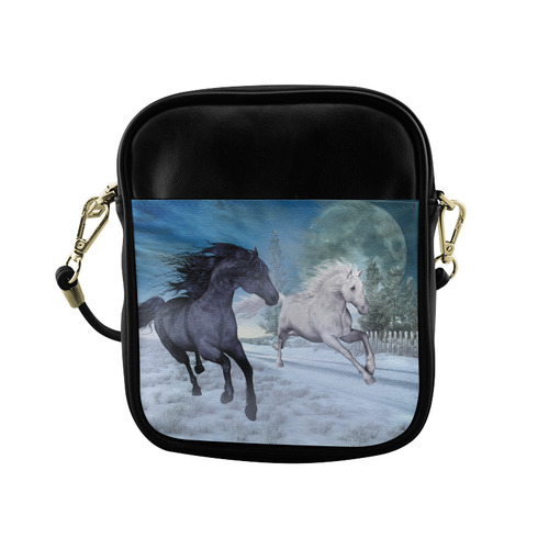 Two horses galloping through a winter landscape Sling Bag (Model 1627)