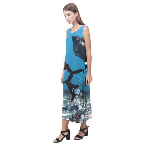 Amazing orcas , underwater world Phaedra Sleeveless Open Fork Long Dress (Model D08)