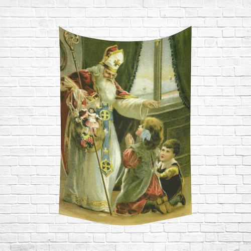 Saint Nicholas Gifts Children Vintage Christmas Cotton Linen Wall Tapestry 60"x 90"