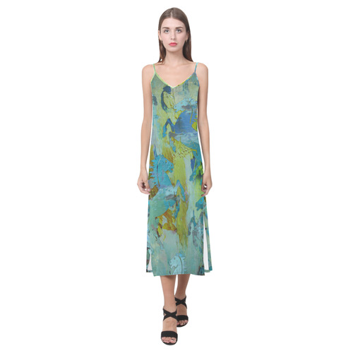 Rearing Horses grunge style painting V-Neck Open Fork Long Dress(Model D18)