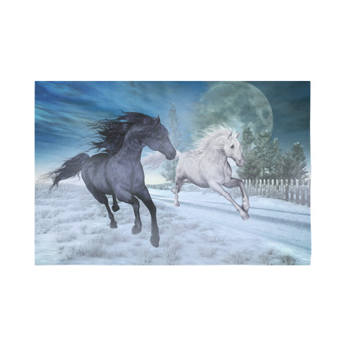 Two horses galloping through a winter landscape Cotton Linen Wall Tapestry 90"x 60"