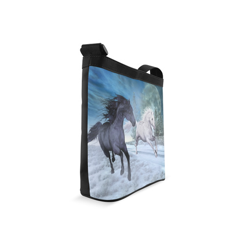 Two horses galloping through a winter landscape Crossbody Bags (Model 1613)