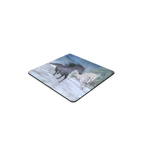Two horses galloping through a winter landscape Square Coaster