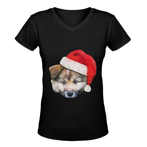 christmas santa dog Women's Deep V-neck T-shirt (Model T19)