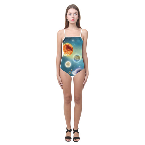 Space scenario with  meteorite sun and planets Strap Swimsuit ( Model S05)