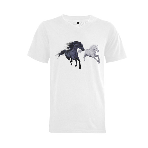Two horses galloping through a winter landscape Men's V-Neck T-shirt  Big Size(USA Size) (Model T10)